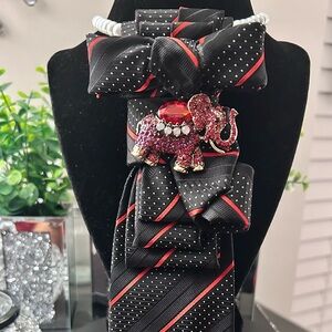 Black & Red Polka Stripe Necktie Bow with Elephant Brooch